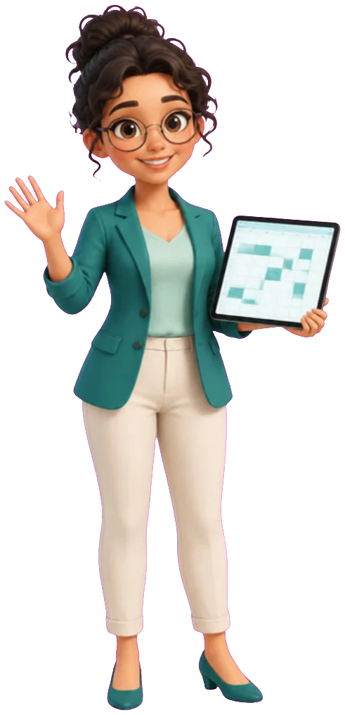 Schedulli assistant: a woman in a teal blazer holding a tablet with a weekly schedule